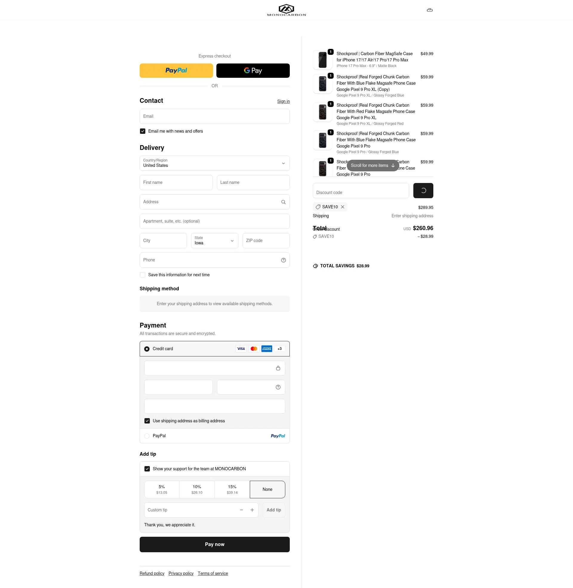 Monocarbon checkout page showing Monocarbon promo code box | Screenshot taken by SimplyCodes community member on Jan 6, 2026