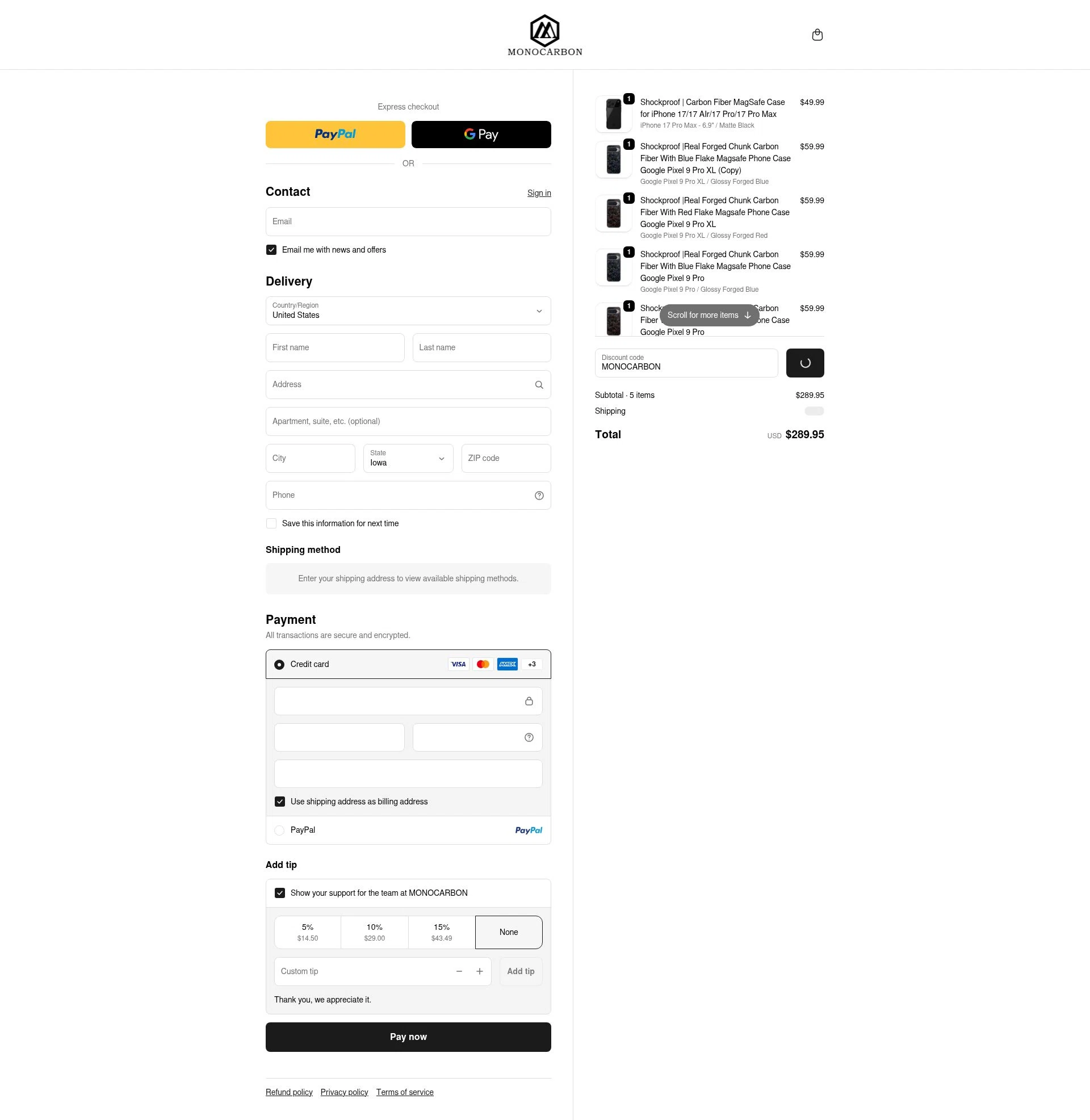 Monocarbon checkout page showing Monocarbon promo code box | Screenshot taken by SimplyCodes community member on Jan 6, 2026