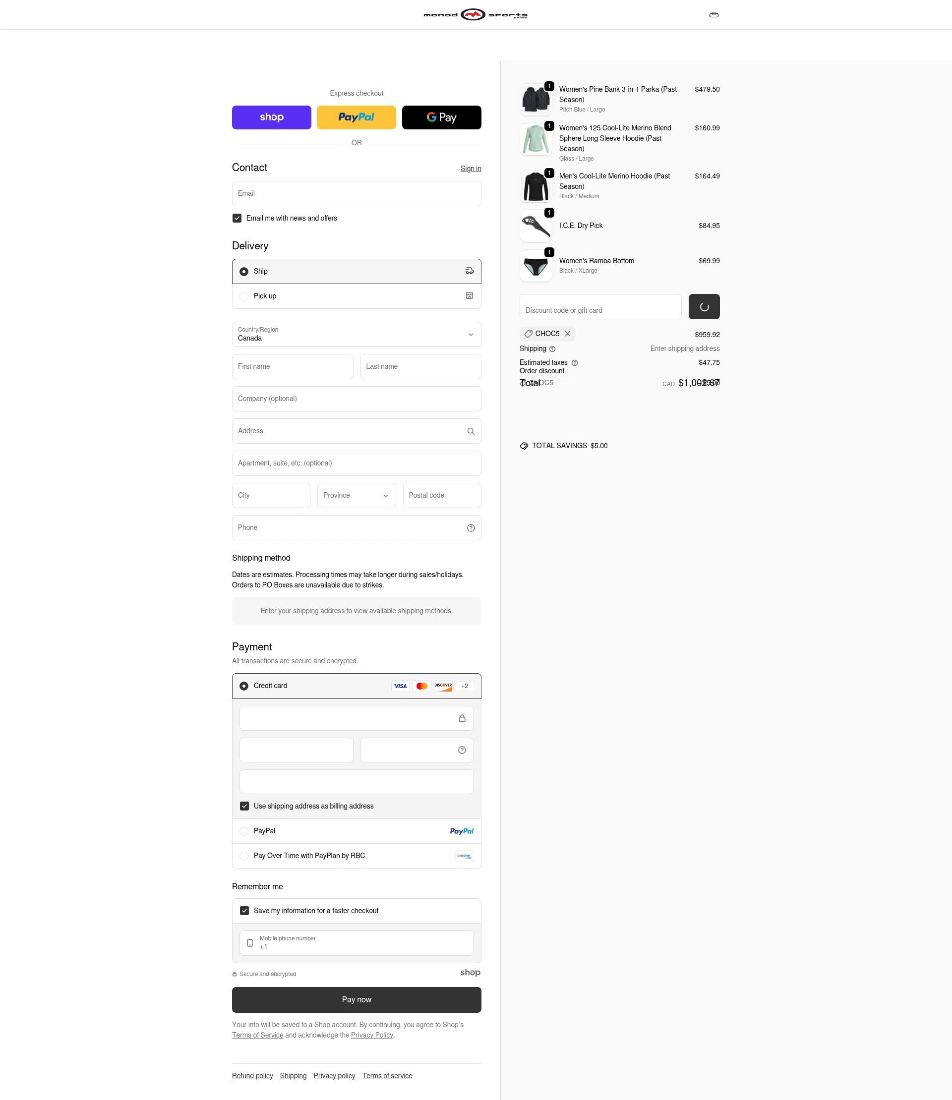 Monod Sports checkout page showing Monod Sports discount code box | Screenshot taken by SimplyCodes community member on Dec 23, 2025