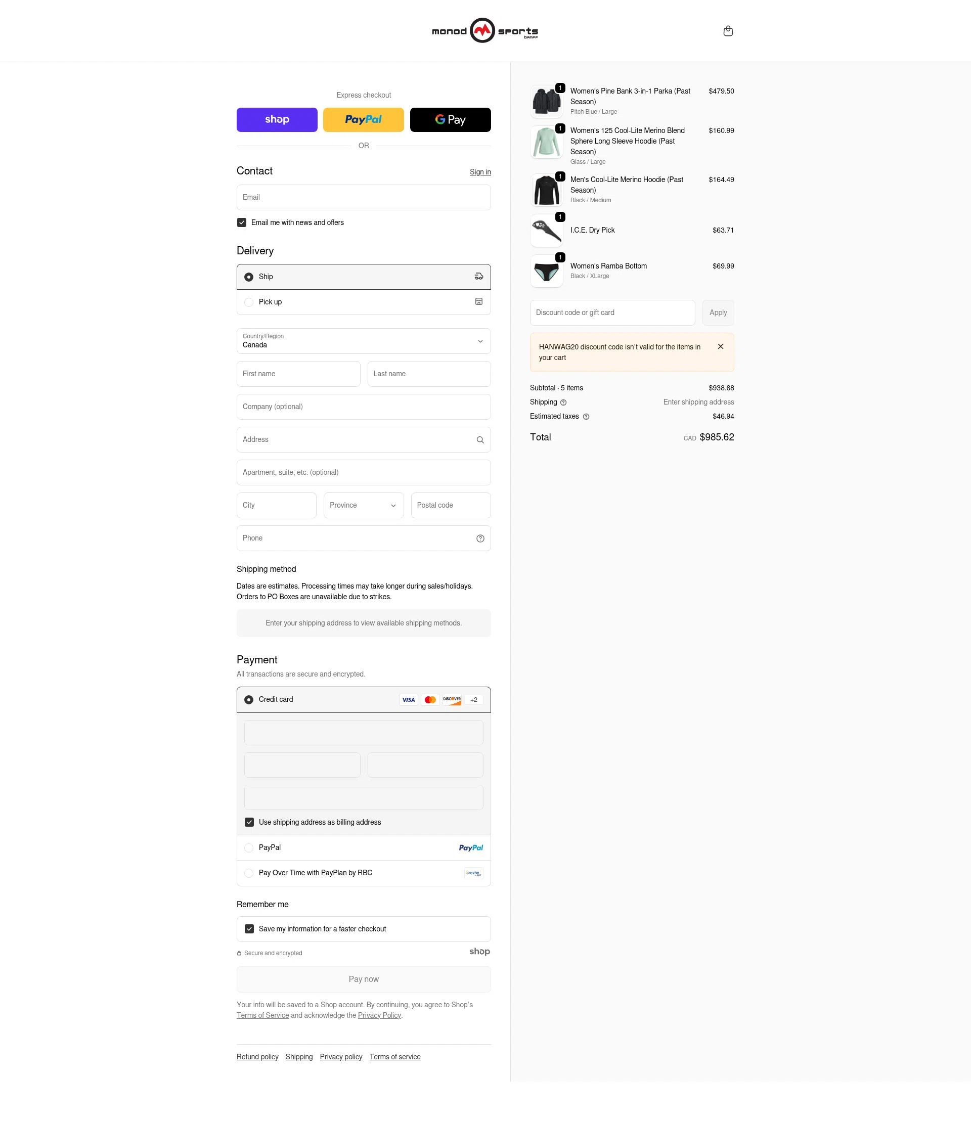 Monod Sports checkout page showing Monod Sports discount code box | Screenshot taken by SimplyCodes community member on Dec 27, 2025