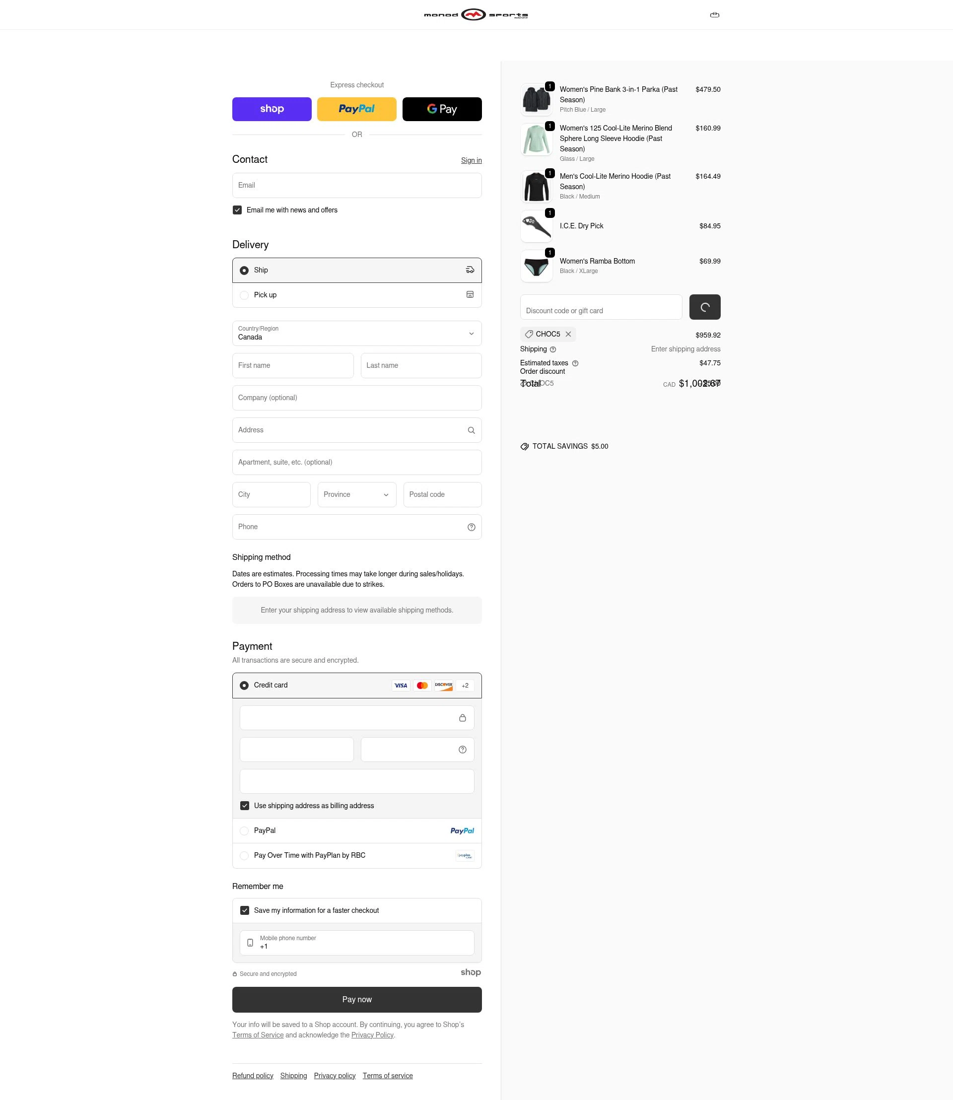 Monod Sports checkout page showing Monod Sports discount code box | Screenshot taken by SimplyCodes community member on Dec 15, 2025