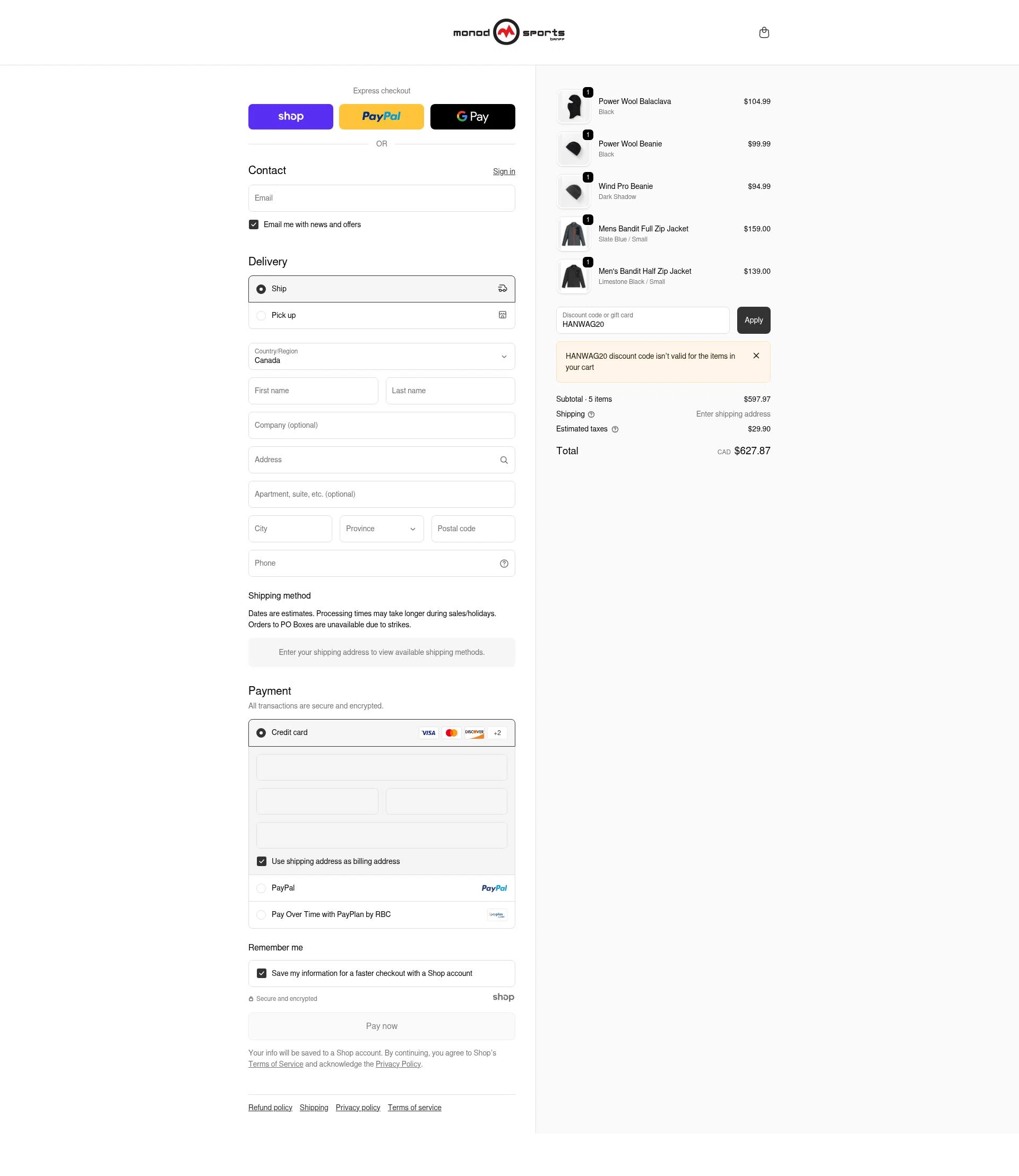 Monod Sports checkout page showing Monod Sports discount code box | Screenshot taken by SimplyCodes community member on Dec 10, 2025