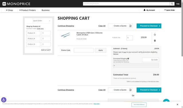 Monoprice checkout page showing Monoprice promo code box | Screenshot taken by SimplyCodes community member on Aug 28, 2025