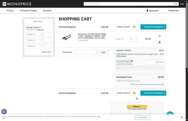 Monoprice checkout page showing Monoprice promo code box | Screenshot taken by SimplyCodes community member on Aug 31, 2025