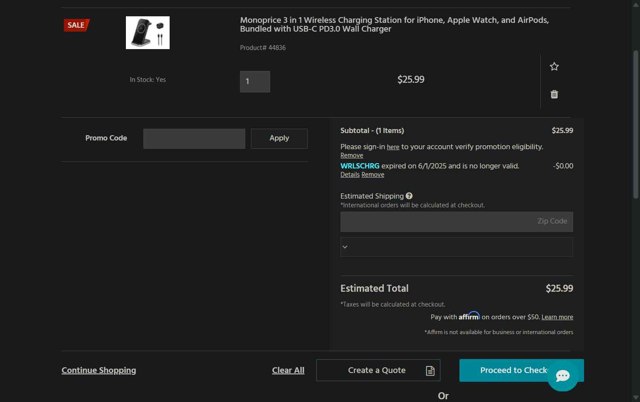 Monoprice checkout page showing Monoprice promo code box | Screenshot taken by SimplyCodes community member on Aug 31, 2025
