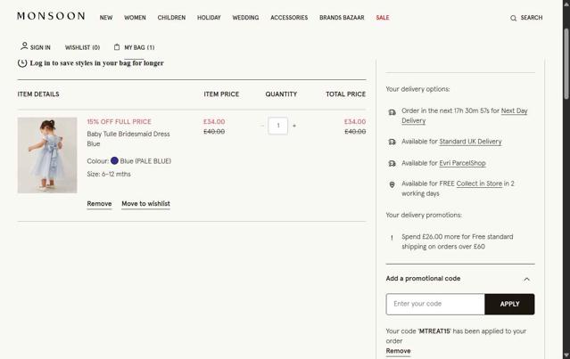Monsoon UK checkout page showing Monsoon UK promo code box | Screenshot taken by SimplyCodes community member on May 25, 2025