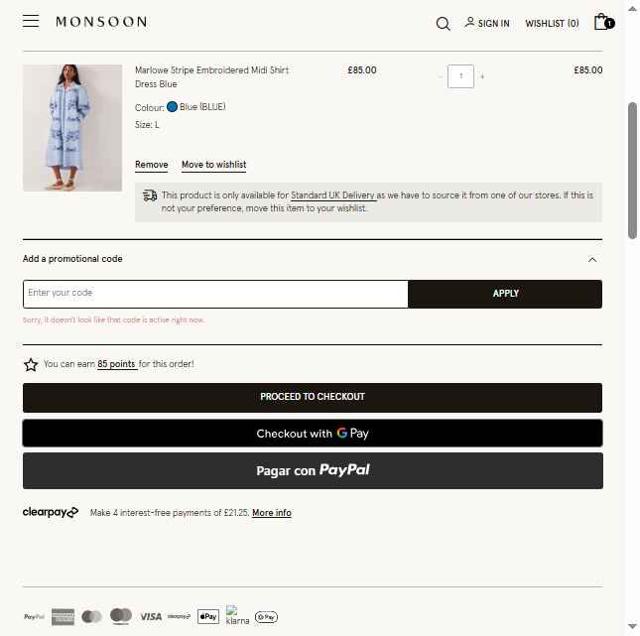 Monsoon UK checkout page showing Monsoon UK promo code box | Screenshot taken by SimplyCodes community member on May 5, 2025