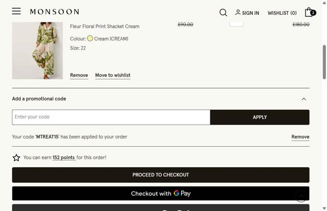 Monsoon UK checkout page showing Monsoon UK promo code box | Screenshot taken by SimplyCodes community member on May 25, 2025