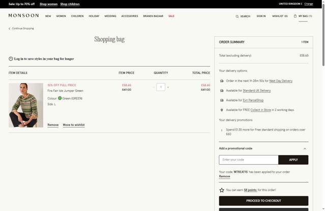 Monsoon UK checkout page showing Monsoon UK promo code box | Screenshot taken by SimplyCodes community member on Aug 17, 2025