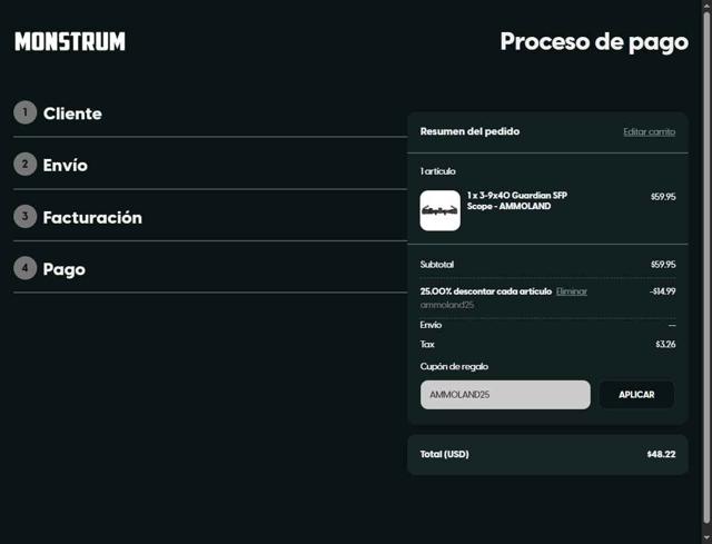 Monstrum Tactical checkout page showing Monstrum Tactical discount code box | Screenshot taken by SimplyCodes community member on Aug 16, 2025
