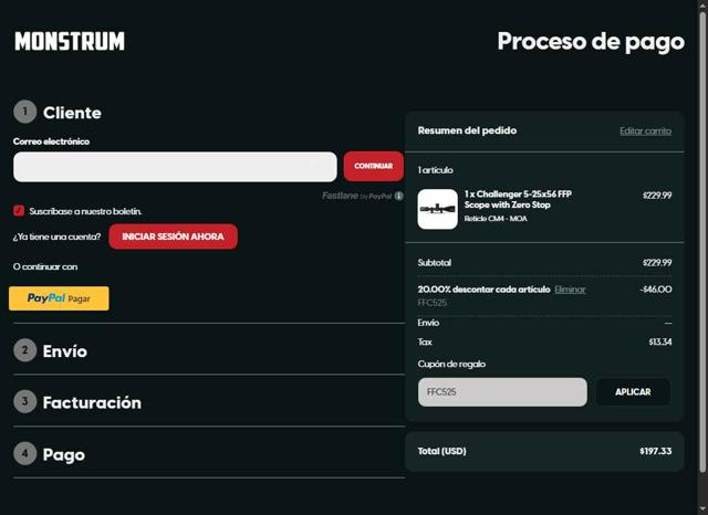 Monstrum Tactical checkout page showing Monstrum Tactical discount code box | Screenshot taken by SimplyCodes community member on Jul 26, 2025