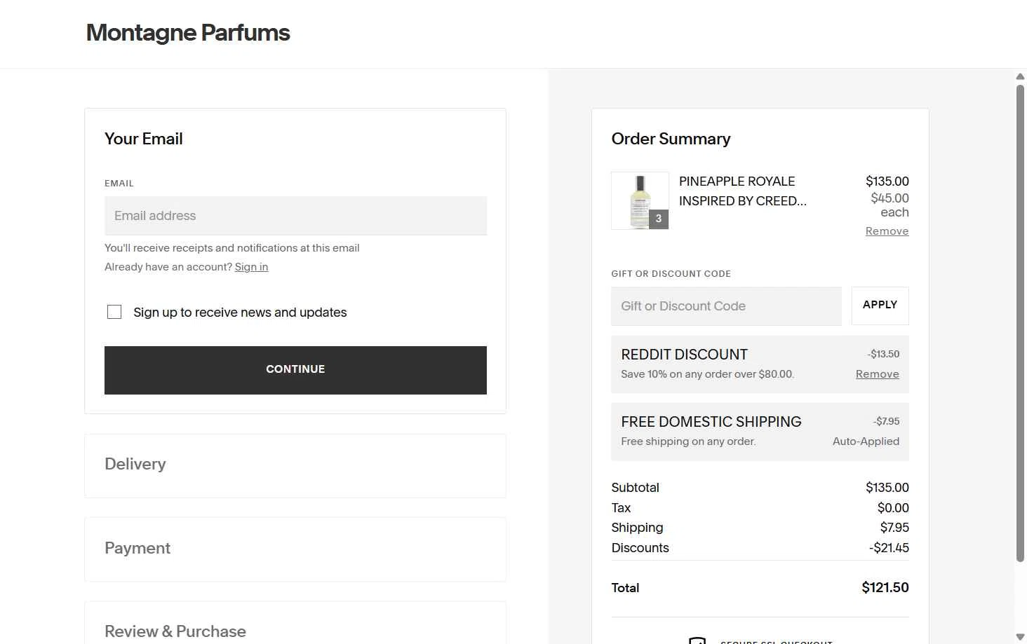 Montagne Parfums checkout page showing Montagne Parfums discount code box | Screenshot taken by SimplyCodes community member on Feb 10, 2026