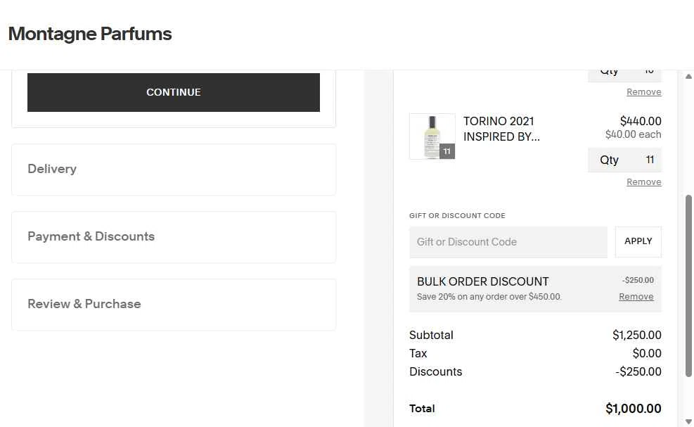 Montagne Parfums checkout page showing Montagne Parfums discount code box | Screenshot taken by SimplyCodes community member on Sep 28, 2025