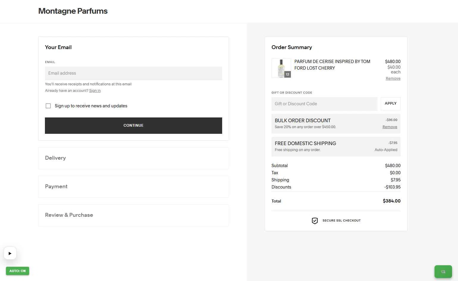 Montagne Parfums checkout page showing Montagne Parfums discount code box | Screenshot taken by SimplyCodes community member on Feb 1, 2026