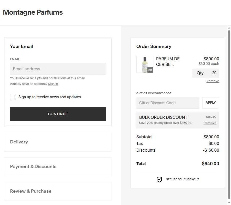 Montagne Parfums checkout page showing Montagne Parfums discount code box | Screenshot taken by SimplyCodes community member on Sep 2, 2025