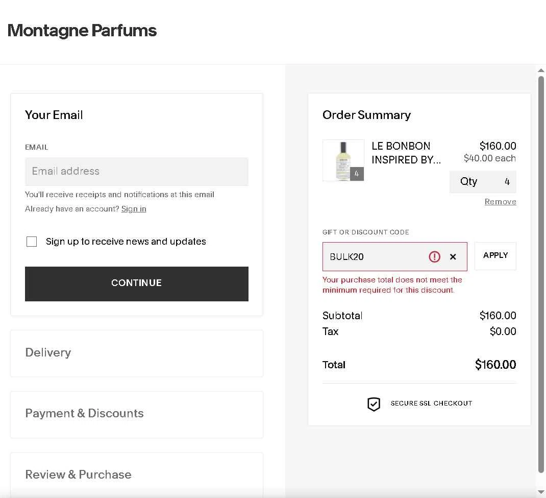 Montagne Parfums checkout page showing Montagne Parfums discount code box | Screenshot taken by SimplyCodes community member on Nov 2, 2025