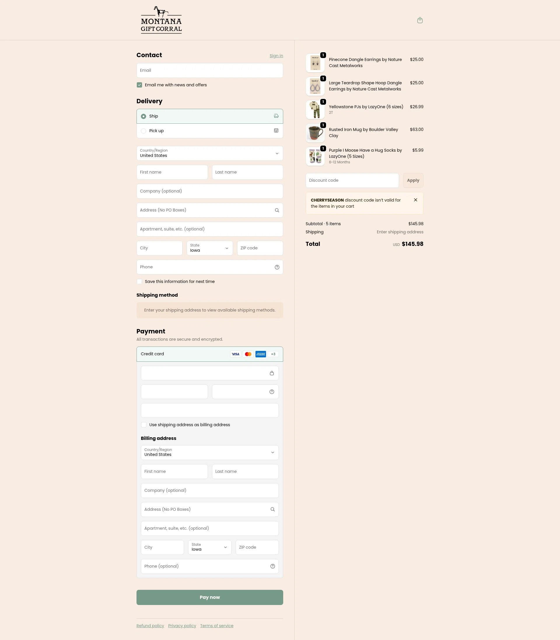 Montana Gift Corral checkout page showing Montana Gift Corral discount code box | Screenshot taken by SimplyCodes community member on Feb 1, 2026