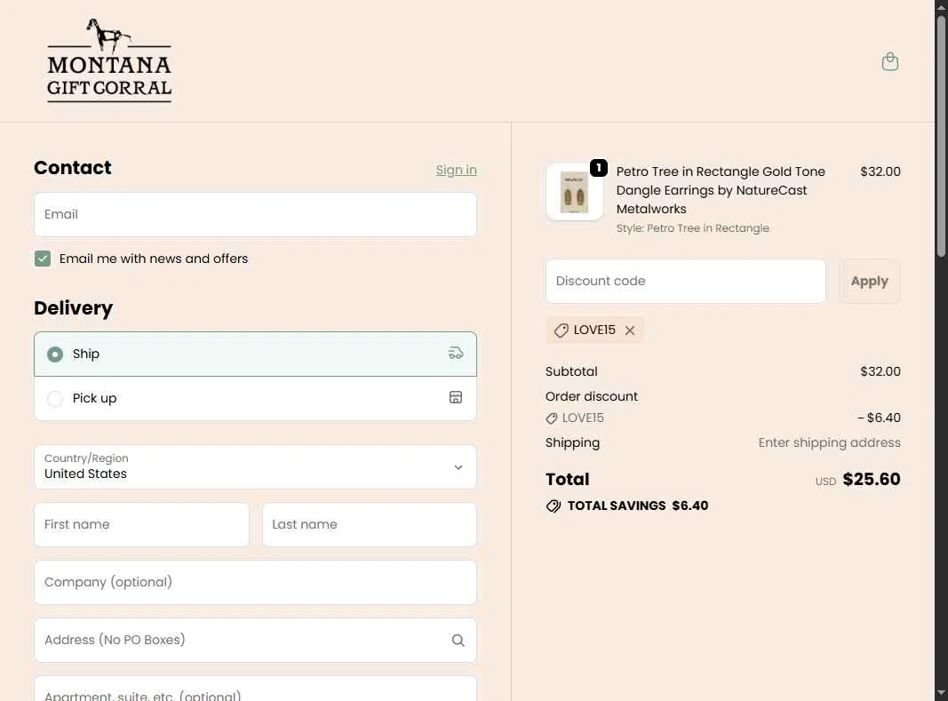 Montana Gift Corral checkout page showing Montana Gift Corral discount code box | Screenshot taken by SimplyCodes community member on Feb 1, 2026