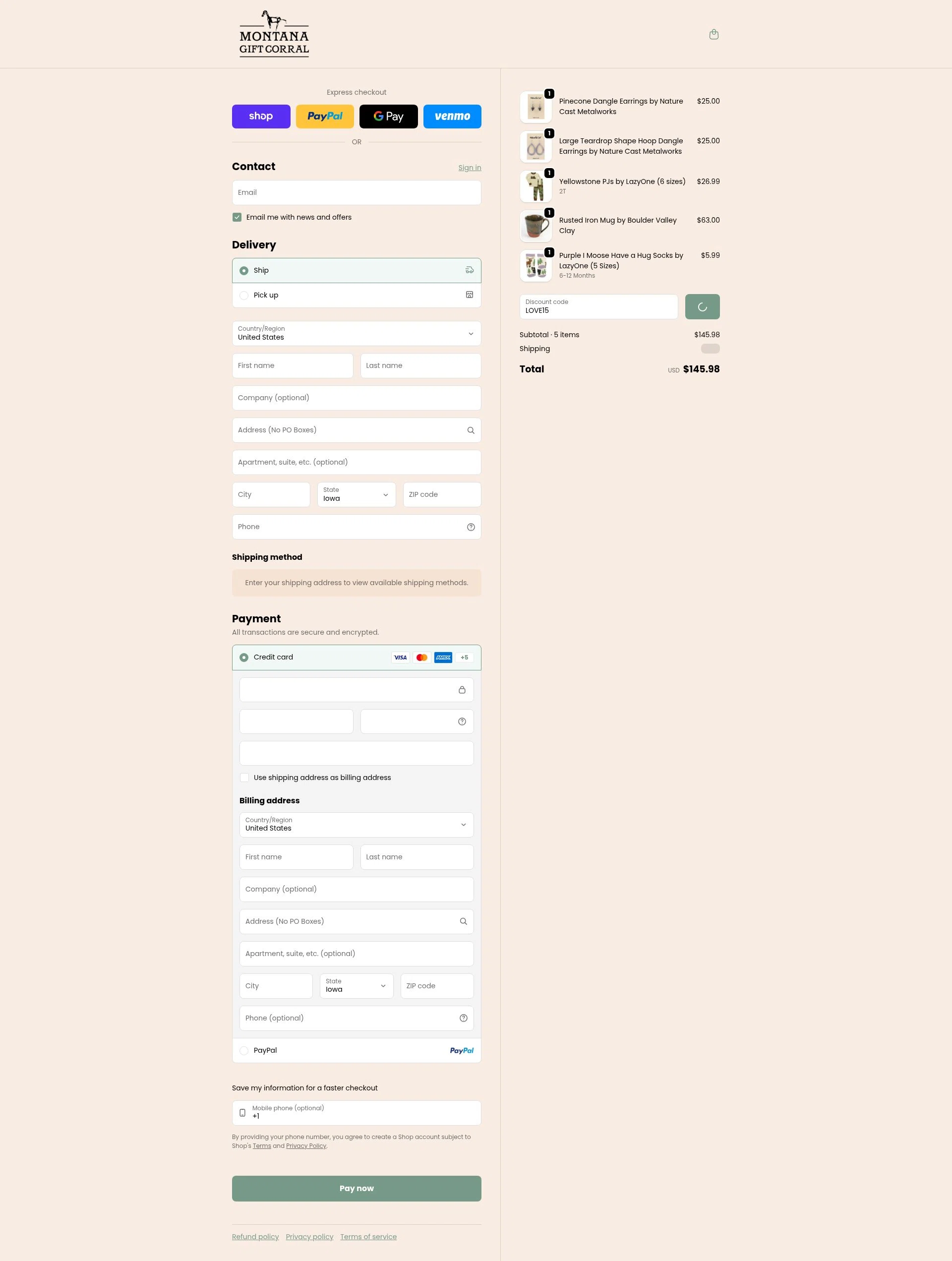 Montana Gift Corral checkout page showing Montana Gift Corral discount code box | Screenshot taken by SimplyCodes community member on Feb 5, 2026