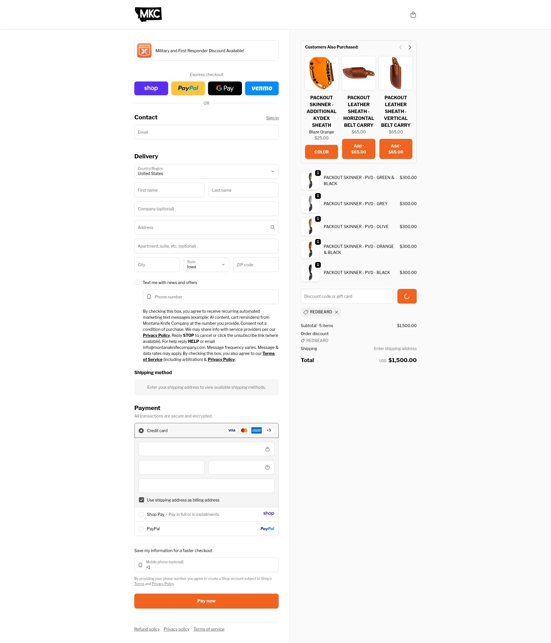 Montana Knife Company checkout page showing Montana Knife Company discount code box | Screenshot taken by SimplyCodes community member on Jan 9, 2026