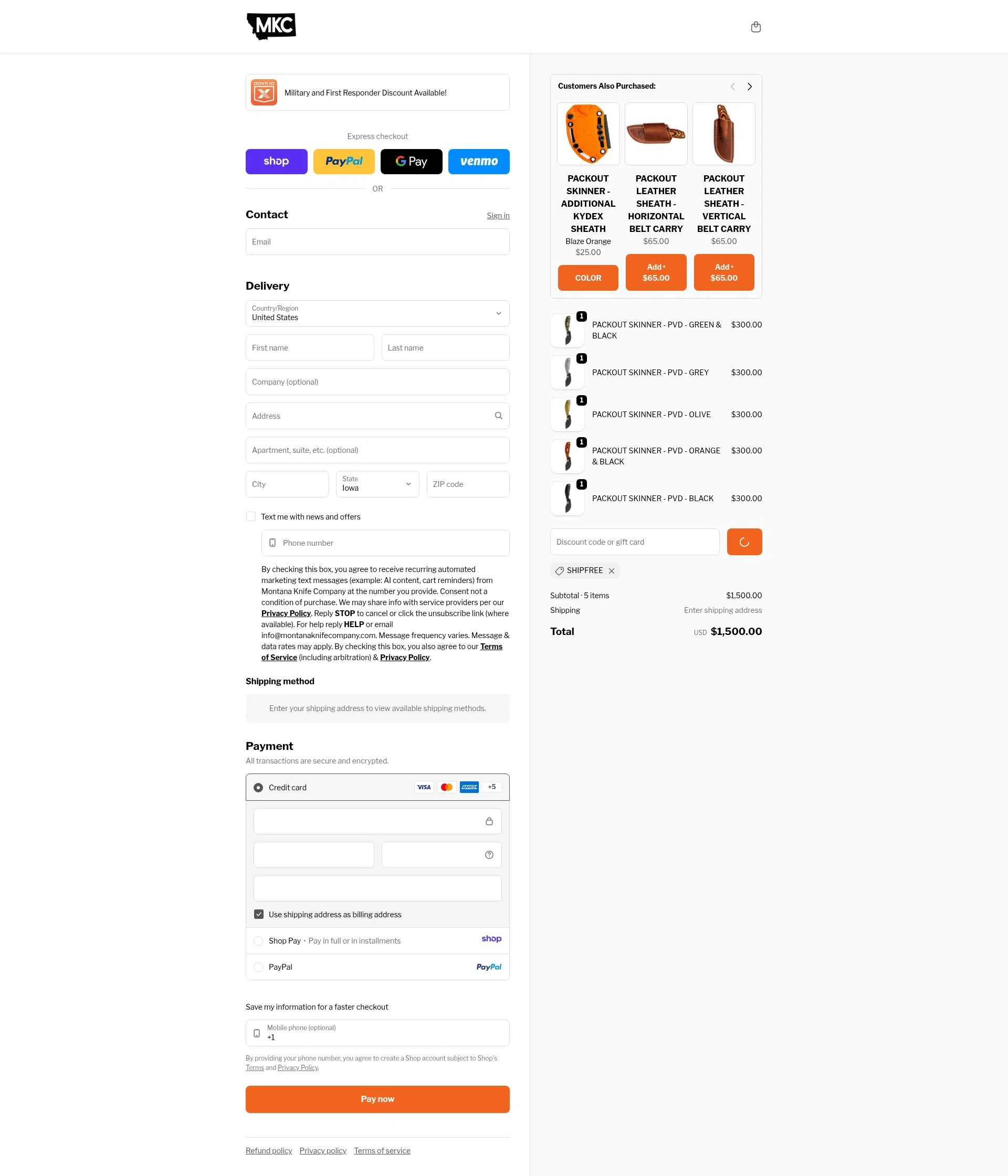 Montana Knife Company checkout page showing Montana Knife Company discount code box | Screenshot taken by SimplyCodes community member on Jan 9, 2026