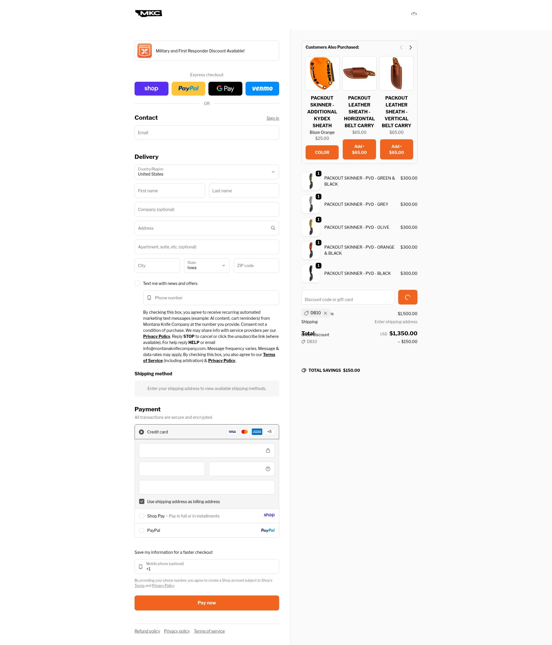 Montana Knife Company checkout page showing Montana Knife Company discount code box | Screenshot taken by SimplyCodes community member on Jan 9, 2026