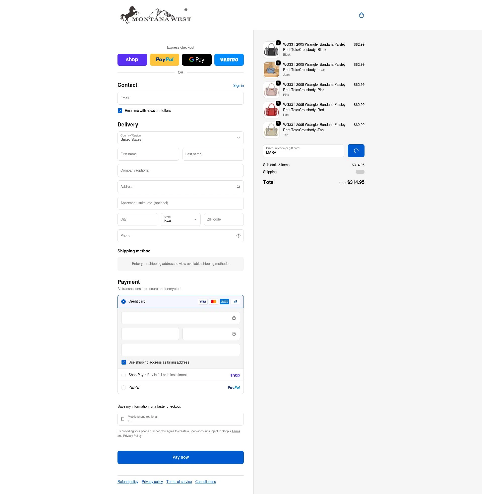 Montana West USA checkout page showing Montana West USA coupon code box | Screenshot taken by SimplyCodes community member on Feb 10, 2026