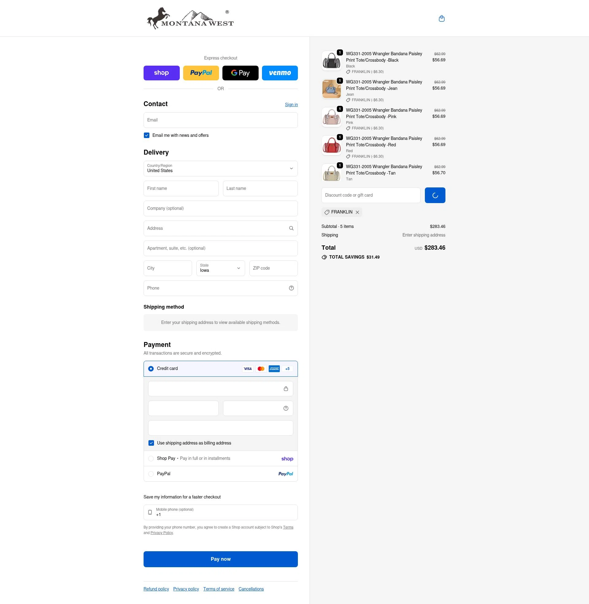 Montana West USA checkout page showing Montana West USA coupon code box | Screenshot taken by SimplyCodes community member on Feb 10, 2026