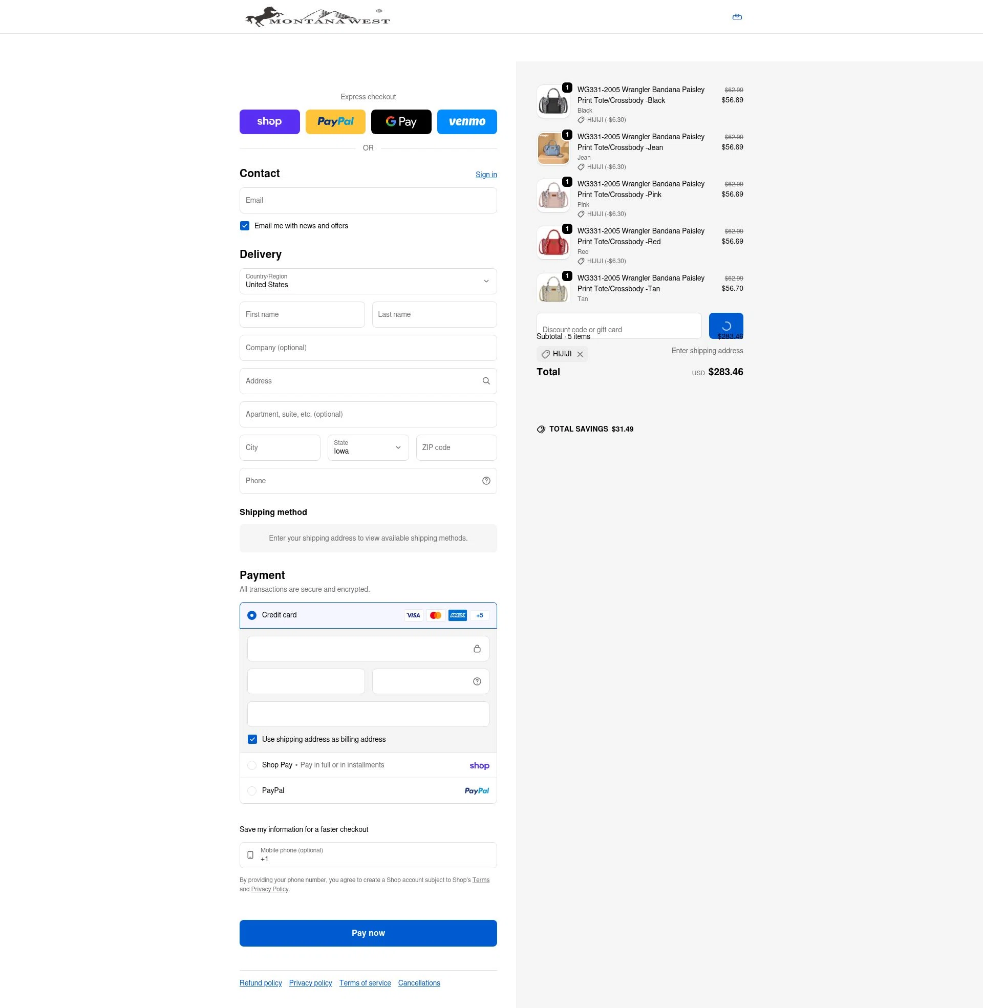 Montana West USA checkout page showing Montana West USA coupon code box | Screenshot taken by SimplyCodes community member on Feb 10, 2026