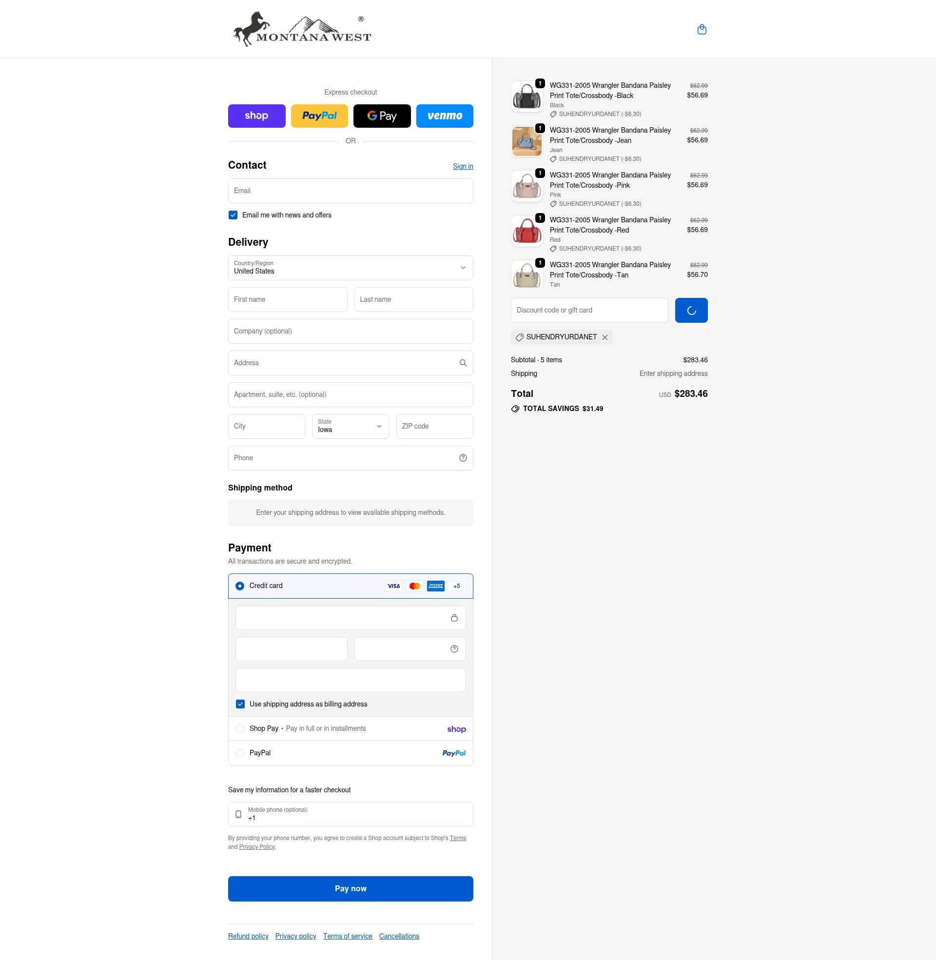 Montana West USA checkout page showing Montana West USA coupon code box | Screenshot taken by SimplyCodes community member on Feb 10, 2026