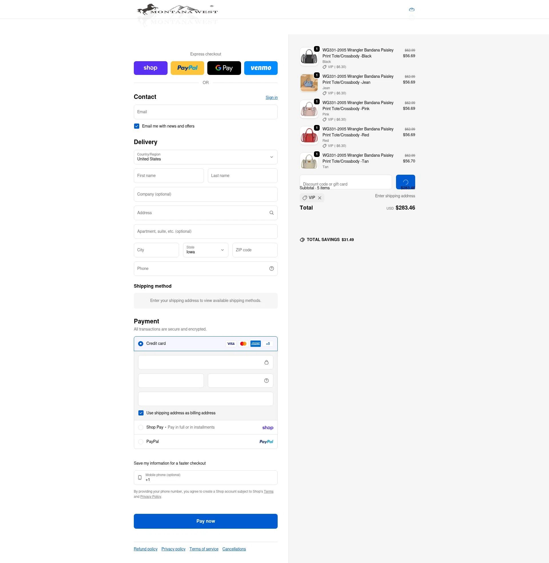 Montana West USA checkout page showing Montana West USA coupon code box | Screenshot taken by SimplyCodes community member on Feb 10, 2026