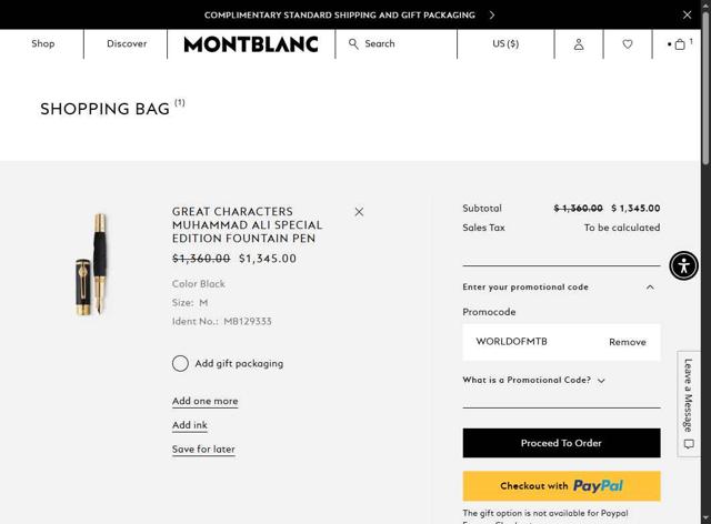 Montblanc checkout page showing Montblanc promo code box | Screenshot taken by SimplyCodes community member on Jul 24, 2025