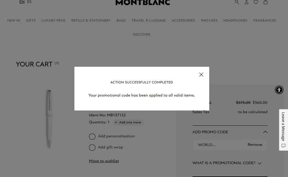 Montblanc checkout page showing Montblanc promo code box | Screenshot taken by SimplyCodes community member on Dec 11, 2025