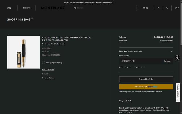 Montblanc checkout page showing Montblanc promo code box | Screenshot taken by SimplyCodes community member on Jul 24, 2025