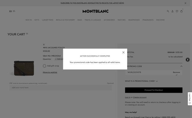 Montblanc checkout page showing Montblanc promo code box | Screenshot taken by SimplyCodes community member on Oct 3, 2025