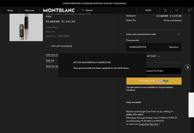 Montblanc checkout page showing Montblanc promo code box | Screenshot taken by SimplyCodes community member on Jul 24, 2025