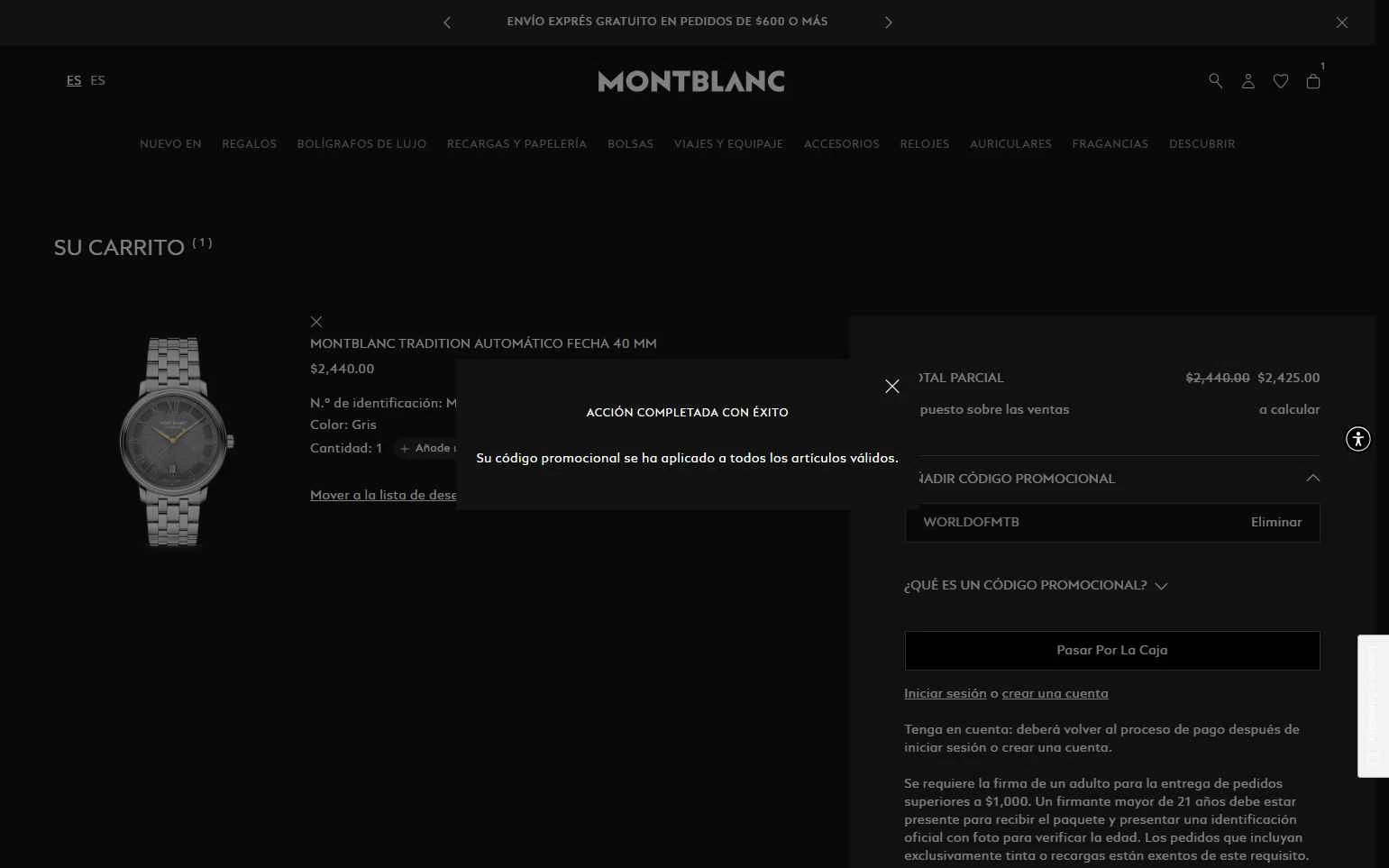 Montblanc checkout page showing Montblanc promo code box | Screenshot taken by SimplyCodes community member on Dec 22, 2025