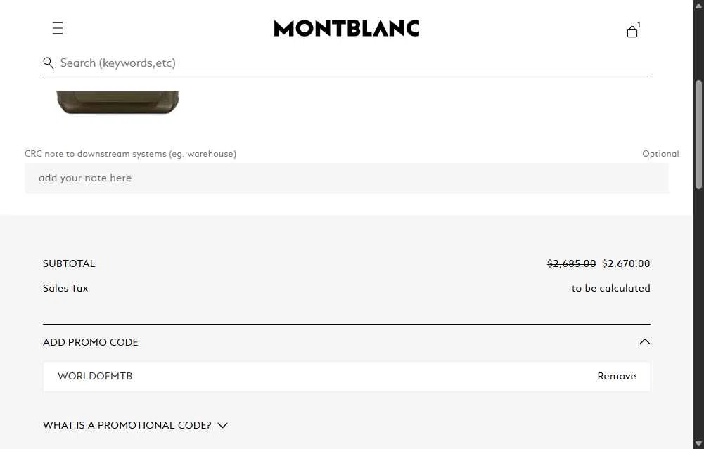 Montblanc checkout page showing Montblanc promo code box | Screenshot taken by SimplyCodes community member on Nov 10, 2025
