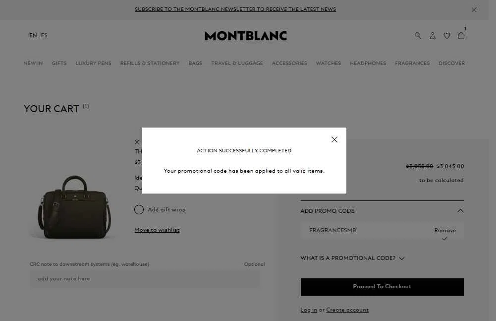 Montblanc checkout page showing Montblanc promo code box | Screenshot taken by SimplyCodes community member on Oct 3, 2025