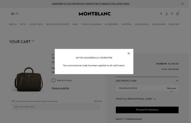 Montblanc checkout page showing Montblanc promo code box | Screenshot taken by SimplyCodes community member on Oct 3, 2025