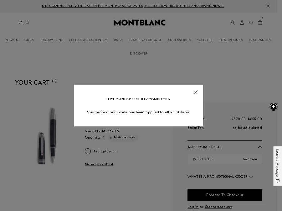 Montblanc checkout page showing Montblanc promo code box | Screenshot taken by SimplyCodes community member on Jan 5, 2026