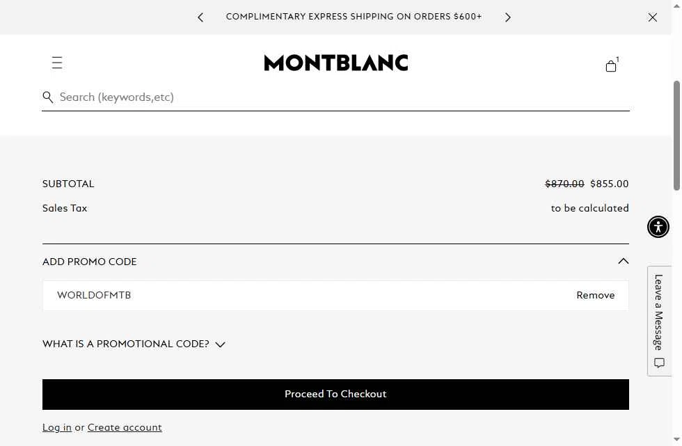 Montblanc checkout page showing Montblanc promo code box | Screenshot taken by SimplyCodes community member on Dec 7, 2025