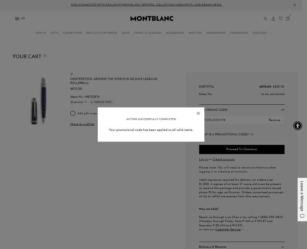 Montblanc checkout page showing Montblanc promo code box | Screenshot taken by SimplyCodes community member on Jan 5, 2026