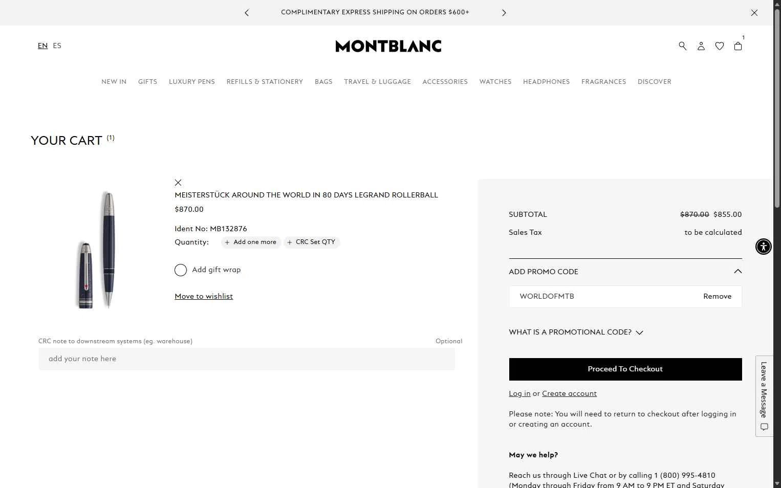 Montblanc checkout page showing Montblanc promo code box | Screenshot taken by SimplyCodes community member on Nov 8, 2025