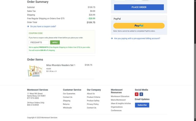 Montessori Services checkout page showing Montessori Services coupon code box | Screenshot taken by SimplyCodes community member on Jul 13, 2025