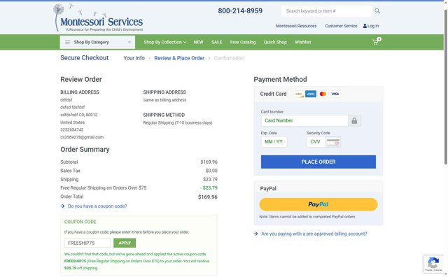 Montessori Services checkout page showing Montessori Services coupon code box | Screenshot taken by SimplyCodes community member on Aug 1, 2025