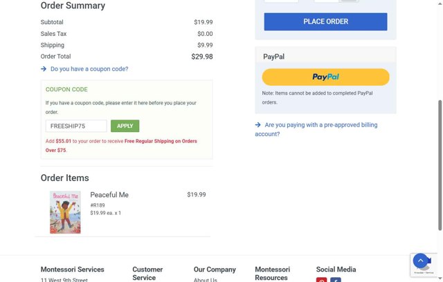 Montessori Services checkout page showing Montessori Services coupon code box | Screenshot taken by SimplyCodes community member on Jul 13, 2025