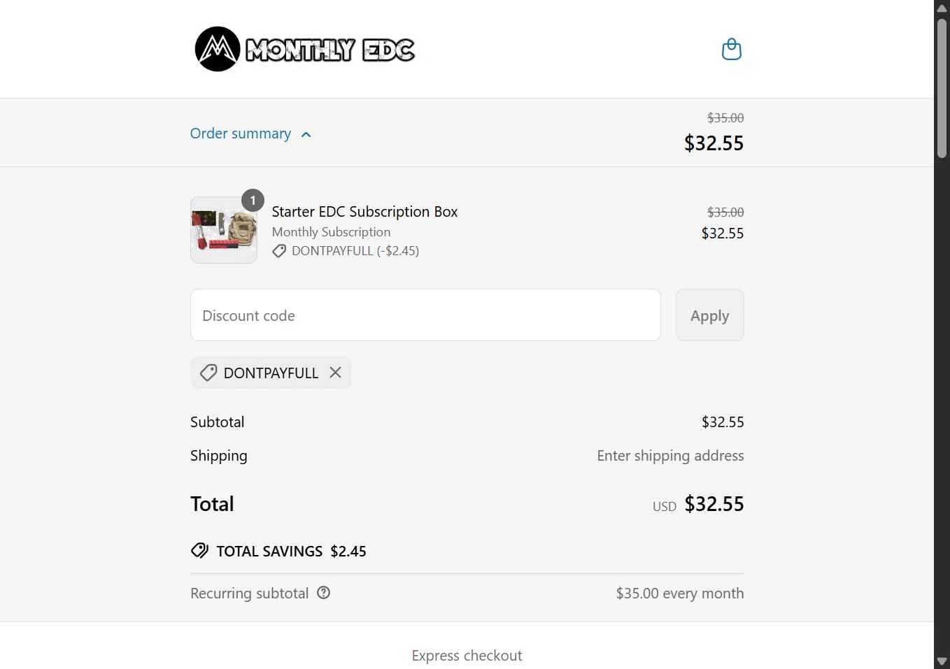 Monthly EDC checkout page showing Monthly EDC promo code box | Screenshot taken by SimplyCodes community member on May 29, 2025