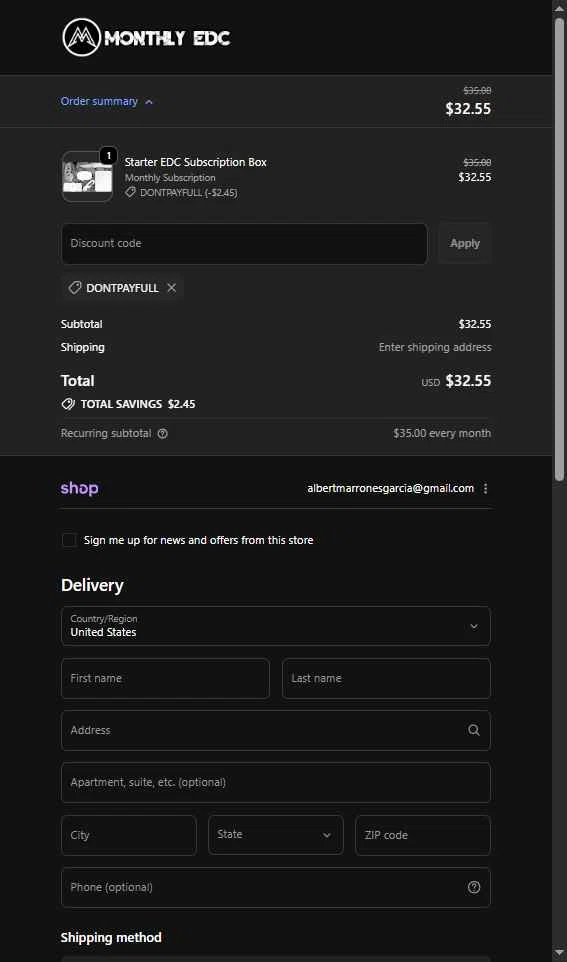 Monthly EDC checkout page showing Monthly EDC promo code box | Screenshot taken by SimplyCodes community member on Dec 15, 2025