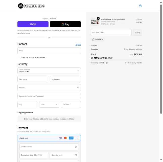 Monthly EDC checkout page showing Monthly EDC promo code box | Screenshot taken by SimplyCodes community member on Feb 17, 2026